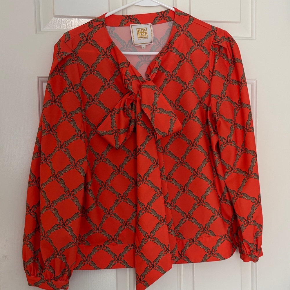 Red Patterned Tie-Neck Blouse - Tory Burch